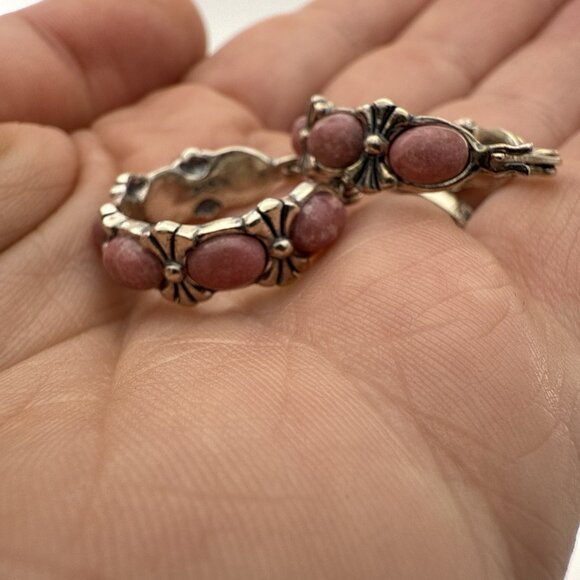 Shube Hoop Earrings Pink Rhodonite Dakota West Sterling Silver Hoops Cabochon - Picture 7 of 9